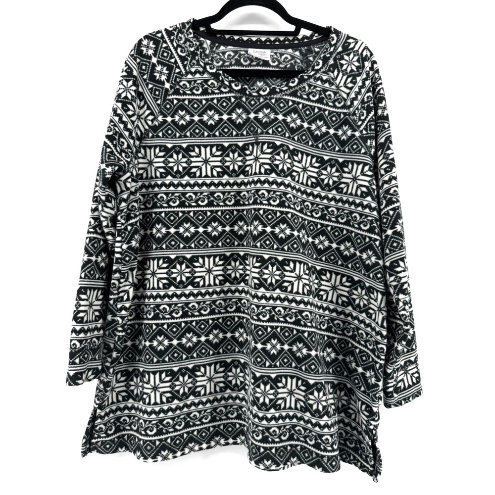 Danskin Fleece Pullover Women 2X Black Nordic Snowflake Cozy Cabincore Slit Hem